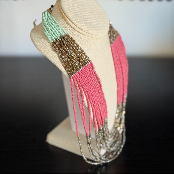 Multi-Strand Blue, Pink and Gold Beaded Statement Necklace - Picture 3 of 7